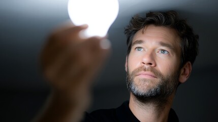 Aufkleber - a thoughtful man gazes at a glowing light bulb in his hand. the image captures curiosity and innovat