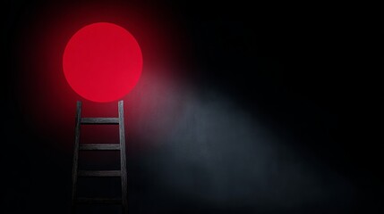 Aufkleber - a striking red sphere illuminates a dark space. a simple wooden ladder leads up to the glowing orb. 