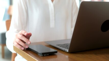Poster - Modern businesswoman entrepreneur multitasking with smartphone laptop remote work essential. Internet financial research, project planning, browsing business updates, crucial online news for modern