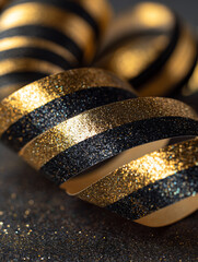 Poster - Elegant black and gold glitter ribbon festive decor spiral dark shiny on transparent background