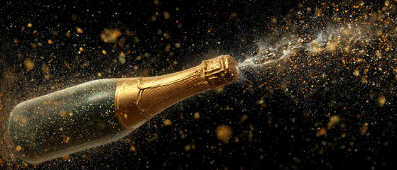 Poster - Golden champagne bottle exploding with sparkling festive celebration dark on transparent background