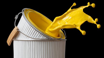 Poster - Yellow paint can with a yellow splash of paint on it. The splash of paint is in the shape of a rainbow