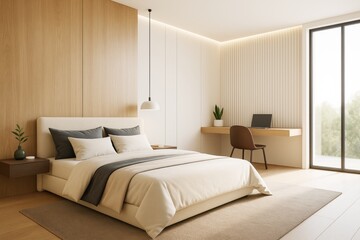 Poster - Minimalist modern bedroom interior with neutral tones, wooden accents, natural light, and workspace area in contemporary architectural design.