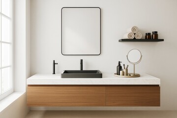 Poster - Minimalist bathroom interior with wooden vanity, black fixtures, and soft natural lighting on white wall background in modern contemporary style.