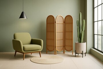 Poster - Modern minimalist interior with green armchair, wooden room divider, and potted cactus near large window in soft natural light on pastel background.