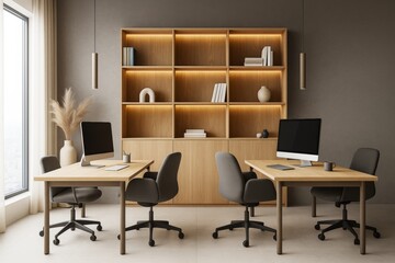 Poster - Modern minimalist office interior with wooden furniture, ergonomic chairs, and built-in shelves under warm lighting in a contemporary room setting.