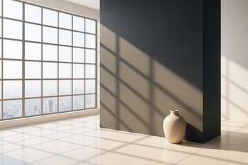 Poster - Minimalist light-filled modern interior with large grid windows, ceramic vase, and dramatic shadows casting on tiled floor and dark wall.