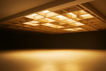 Poster - Modern empty interior room with grid ceiling light design and warm ambient illumination in contemporary architectural space concept.