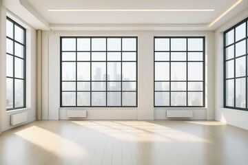Poster - Bright contemporary empty room interior with large windows overlooking a modern city skyline and sunlit wooden floor. Ai generative.