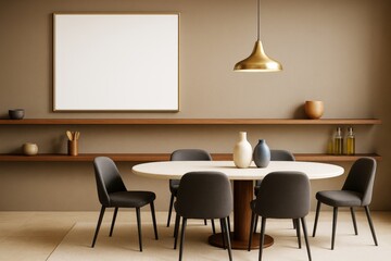 Poster - Contemporary dining room with round table, minimalist decor, blank wall frame, and soft neutral tones for branding or design mockup template use.