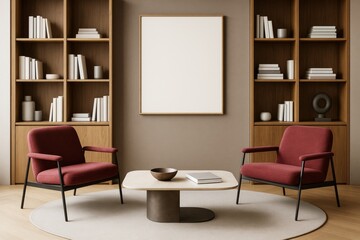 Poster - Contemporary reading room with red armchairs, wooden bookcases, and blank frame on wall in modern indoor decor setting. Ai generative.