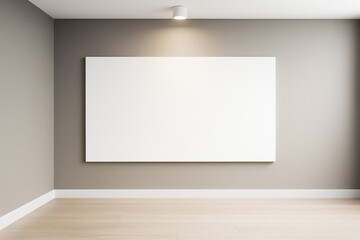 Poster - Blank white canvas on wall in modern empty room with ceiling spotlight and wooden floor, perfect for branding or creative interior concept mockup.