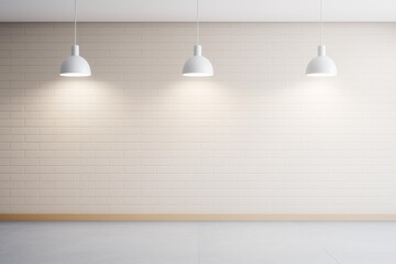 Poster - Empty modern interior room with white brick wall, three pendant lights, and gray floor tiles for design mockup or branding template concept.
