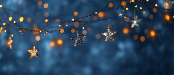 Poster - Glowing star shaped lights festive winter holiday decor warm gold blue on transparent background
