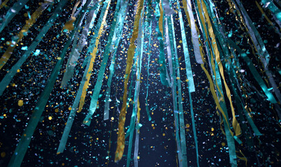 Poster - Falling teal gold confetti ribbons festive party background blue event on transparent background