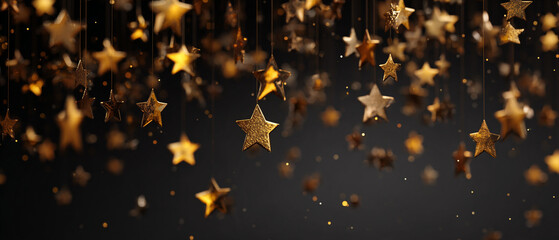 Poster - Elegant golden stars hanging dark background festive decoration event on transparent background