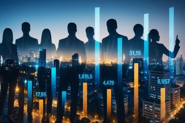 Poster - Business professionals with bar charts and city lights in the background symbolizing analytics and growth in a futuristic abstract style.