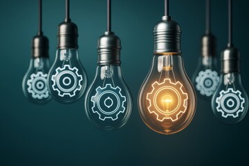 Poster - Illuminated light bulb with gear icon among others symbolizing innovation and creativity in business on dark background. Ai generative.