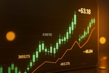 Poster - Financial stock market candlestick chart with glowing upward trend line on dark background representing business growth and investment concept.