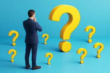 Poster - Businessman standing among large yellow question marks on a light blue background, symbolizing confusion and decision-making in business context.