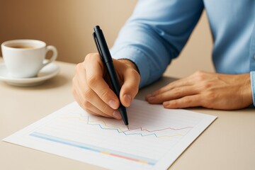 Poster - Businessman analyzing financial chart with pen on light background, creative workplace concept with coffee cup on desk.
