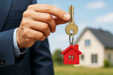 Poster - Close-up of businessman hand holding house key with red house-shaped keychain, light background shows blurred home, concept of real estate deal.