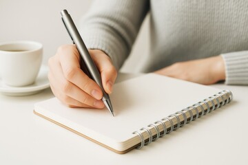 Poster - Close-up of hand writing with pen on spiral notebook beside coffee cup on light background, concept of business planning and journaling. Ai generative.