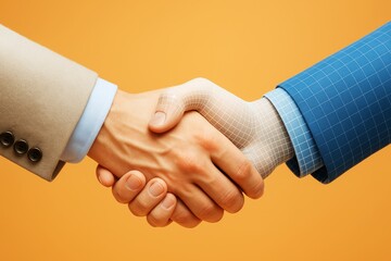 Aufkleber - Human and digital hand shaking in business agreement concept on orange background with creative and futuristic style emphasizing collaboration.