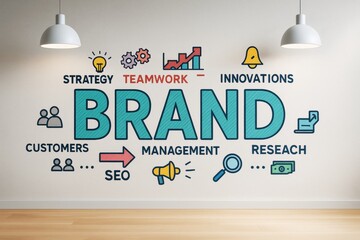 Poster - Brand strategy concept with teamwork, SEO, innovation and management keywords on wall in modern room with light wood floor and hanging lamps.