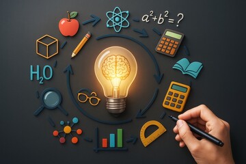 Poster - Glowing light bulb with brain surrounded by colorful educational icons on dark background representing creativity, learning, and scientific thinking.