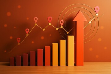 Poster - Business growth chart with 3D bar graph, upward arrow and data points on orange background illustrating financial success and creative progress.