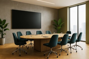 Poster - Modern business meeting room with oval wooden table, dark chairs, wall screen, and large windows offering city view in natural light setting.