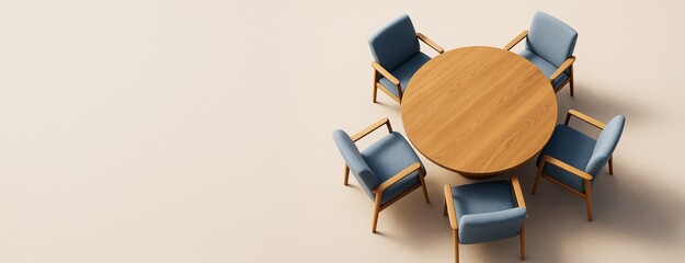 Poster - Top view of round wooden meeting table with blue chairs on neutral background, ideal for business mockups, posters, or promotional design templates.