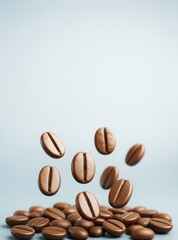 Poster - Falling coffee beans on light background with clean copyspace for drink advertising or creative poster template design concept.