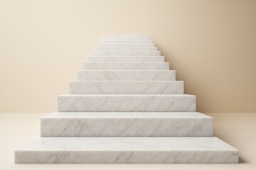 Poster - White marble staircase ascending into soft light on beige background, minimalistic concept of progress and elevation in abstract graphic style.