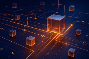 Poster - Glowing transparent cubes connected by orange circuitry lines on a dark digital background in a futuristic graphic style. Ai generative.