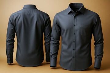 Poster - Dark formal men's shirt front and back displayed on light brown background with minimalistic lighting and clean graphic style presentation.