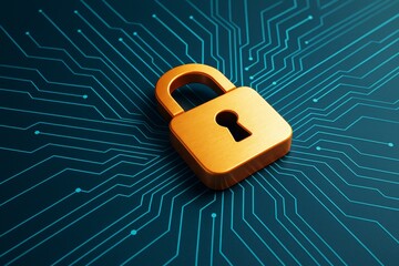 Poster - Golden lock on digital circuit board background symbolizing abstract cybersecurity and data protection in modern light graphic concept.