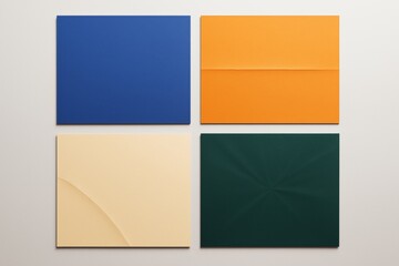 Poster - Four colorful square sheets with minimal textures arranged in grid on neutral background, highlighting abstract graphic design concept with soft light.