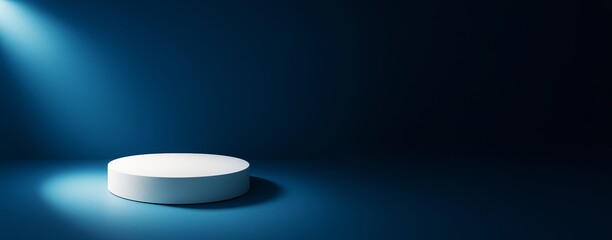 Poster - Minimal white display podium on dark blue background with spotlight for product mockup or advertising presentation template concept.
