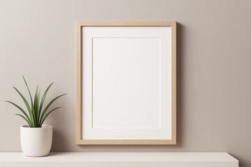 Poster - Minimalist wooden frame mockup with blank space and potted plant on light background for design, branding or poster presentation concepts.