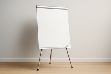 Poster - Blank flip chart easel mockup standing in bright room with wooden floor and neutral wall background for design presentation or branding concept.