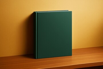 Poster - Green hardcover book standing upright on wooden surface with minimal background and blank cover for branding or design mockup concept.