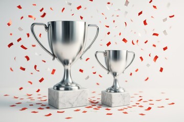 Poster - Two silver trophies on marble bases with red confetti on light background, celebration award concept with copyspace and clean design template.