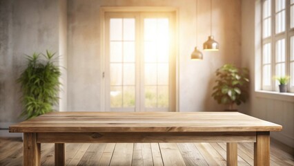 Poster - Rustic Wooden Table in Bright Room with Sunlight Streaming Through Windows and Plants