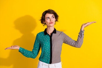 Poster - Photo of adorable dreamy woman wear stylish dotted print clothes look empty space isolated on yellow color background