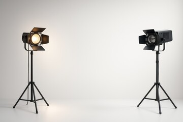 Poster - Studio spotlights on tripods facing each other with one light turned on in minimal scene on white background. Ai generative.