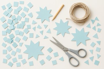 Poster - Blue paper cutouts, scissors, pencil, and twine arranged for a creative DIY craft project on a light background. Ai generative.