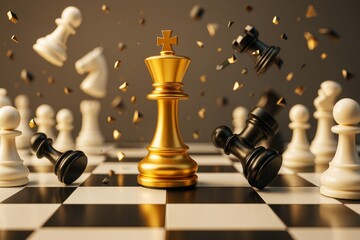 Poster - Golden chess king standing victorious among scattered pieces on board with abstract explosion effect and dramatic lighting in background.