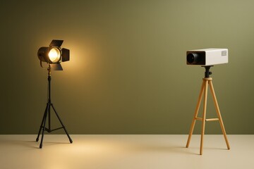 Aufkleber - Studio spotlight and modern projector on tripods in minimal setting with soft light and olive green background, concept of media and entertainment hobby.